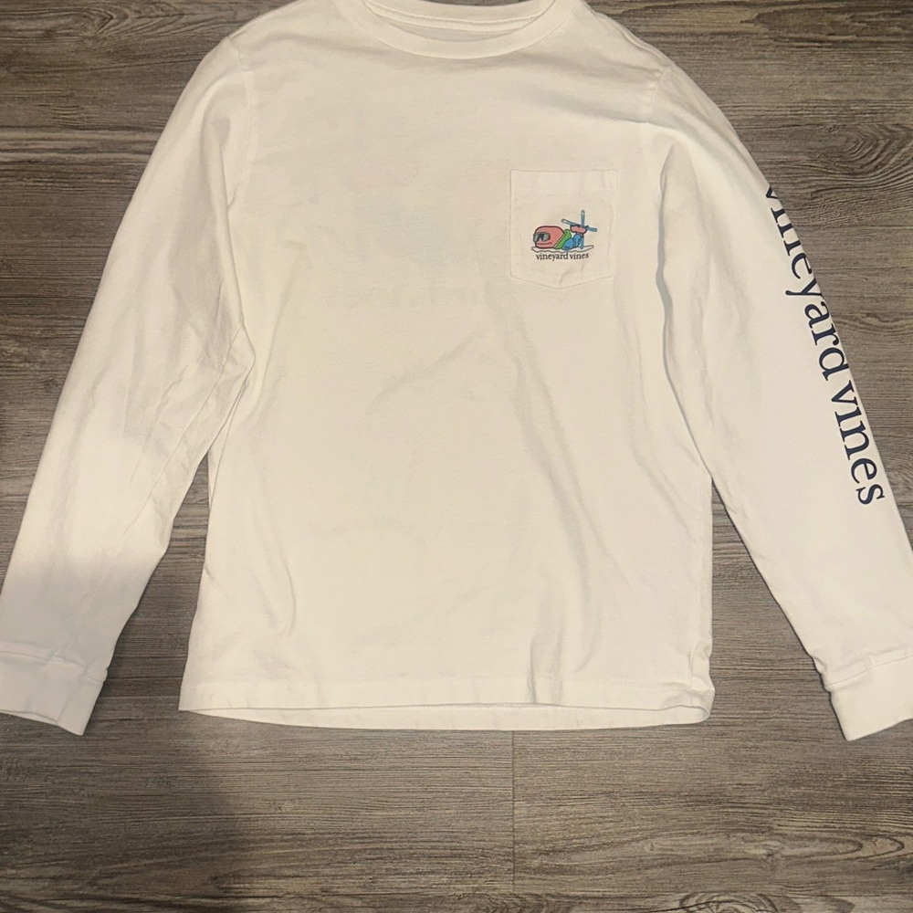 Youth Vineyard Vines White Long Sleeve Tee with Colorful Pocket Logo